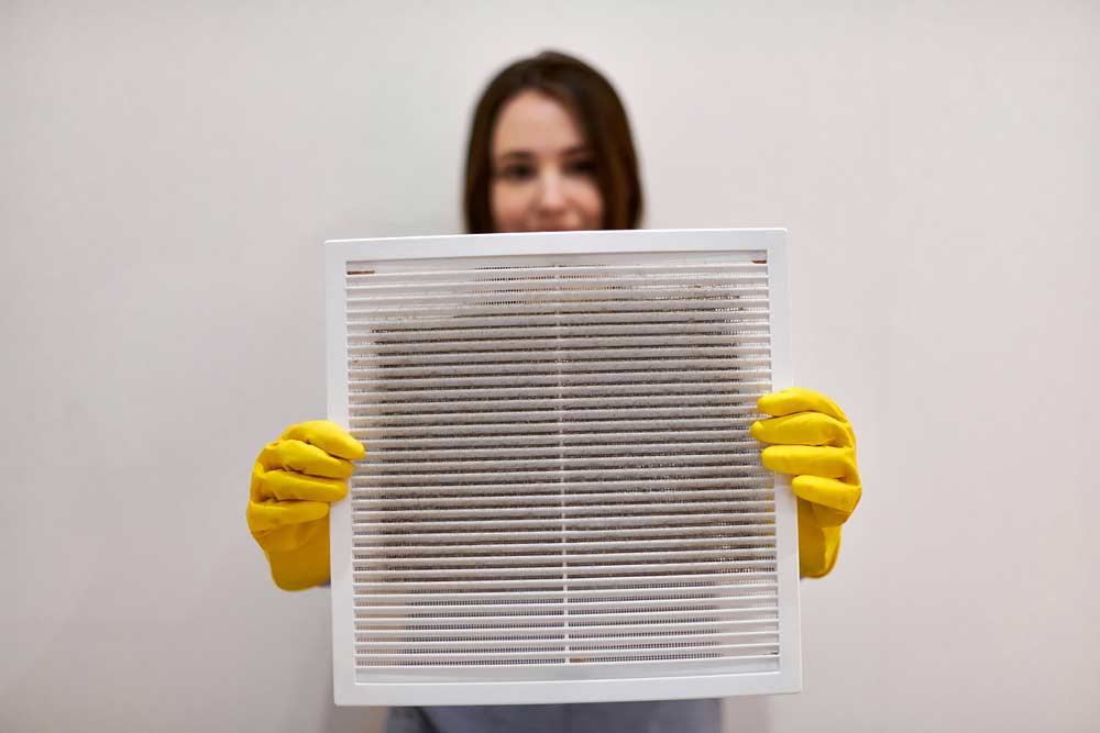 Woman,Holds,Ventilation,Grill,With,Dust,Filter,To,Clean,It.